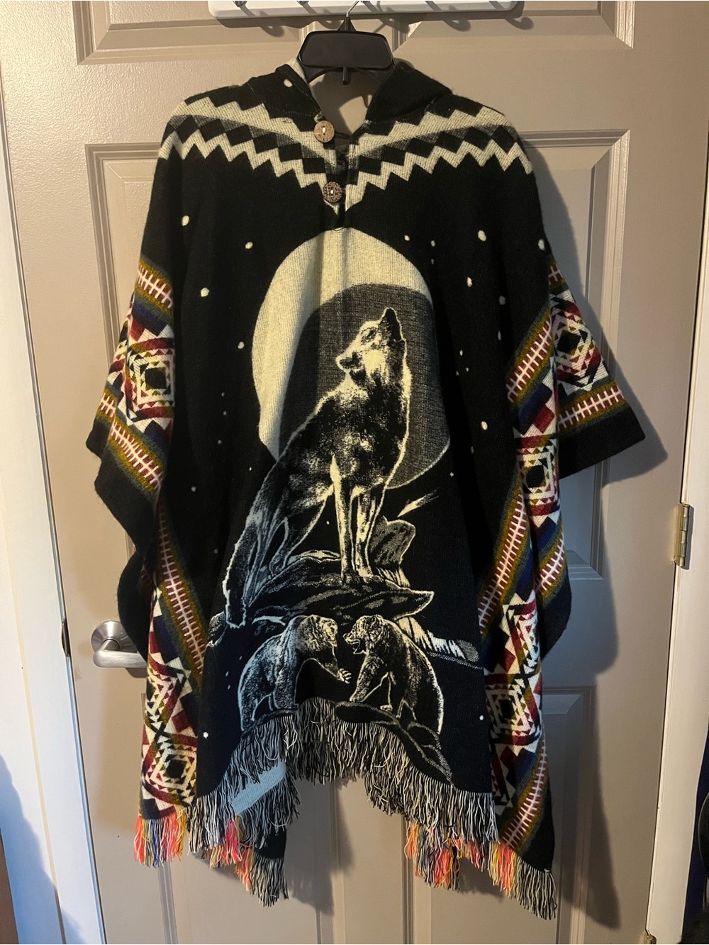 Tejidos Caymi Tribal Aztec Native American Wolf Bears Hooded Poncho Coat Jacket🐺
